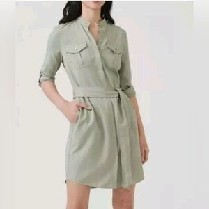 Untuckit Women’s Shirt Dress Sage Green Belted Pockets Knee Length Office Work 6